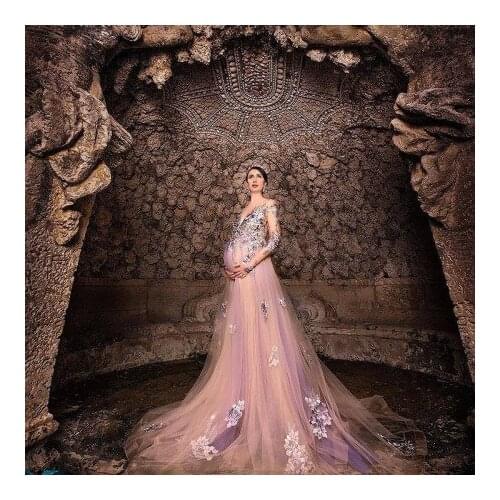 Luxury Lace Maternity Dresses Long Sleeves See Thru V Neck Lace 3D Flower Appliques Colorful Pregnancy Dress For Photo Shoot