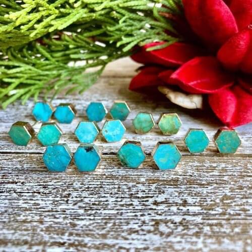 Raw Stone Turquoises Stud Earrings Gold Turquoises Studs Gold Hexagon Studs Earrings Turquoises Jewelry EER27807