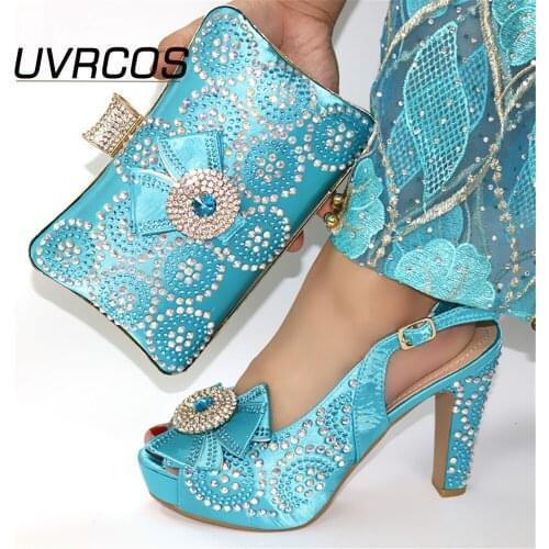 Super High Heels Italian Ladies High Quality Shoes and Nice Bag to Match New in Sky Blue Color with Butterfly Knot Sandals Sweet