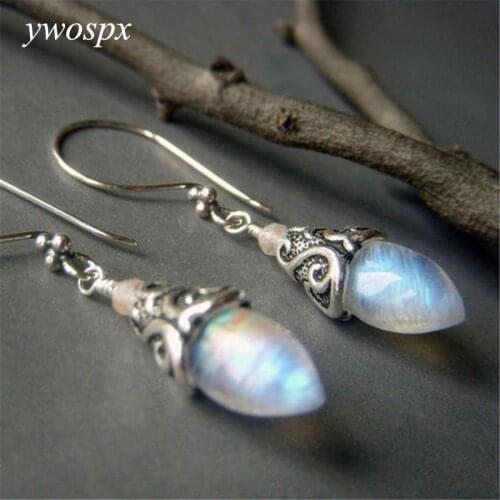 YWOSPX Vintage Imitation Moonstone Silver Color Dangle Earrings for Women Jewelry Bohemian Brincos Engagement Drop Earring Y40