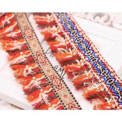 Embroidery ethnic jacquard webbing woven tape tassel fringe lace trim ribbon 5.5cm tribal boho DIY sew accessory native zakka