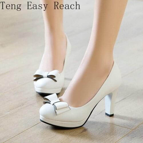Spring Women Shoes Sweet Bow Knot Sqaure High Heels Summer Pumps Slip on Dress Party Shoes Ladies White Beige Pink Size 34-43