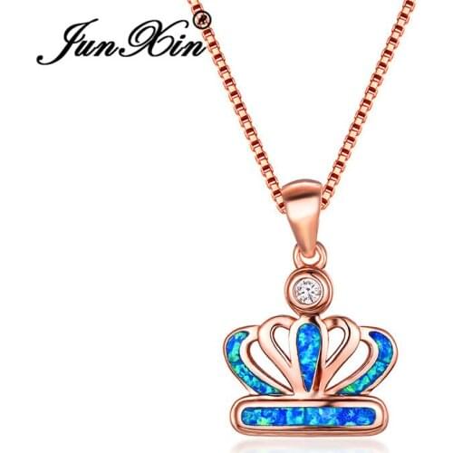 JUNXIN Female Crown Pendant White Blue Fire Opal Necklaces For Women Rose Gold Filled Zircon Rainbow Birthstone Wedding Choker