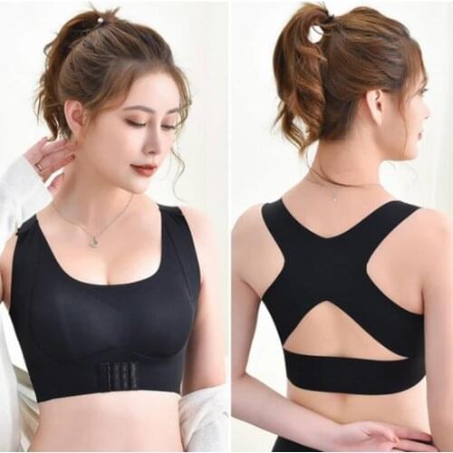 Women 2-In-1 Seamless Bra Underwear Front Buckle Push Up Bralette Criss Cross Back Wireless Posture Corrector Tank Top