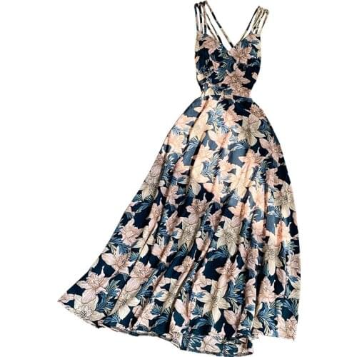 Summer Dress Women New V-neck Sleeveless Hedging Printing Sling Dresses High Waist Korean Fashion Sexy Beach Boho Dress Sukienki