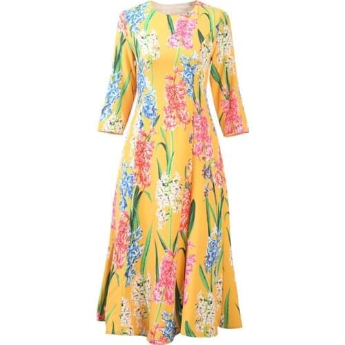 High Quality 2020 Spring New Arrival Fashion O-Neckl Wrist Flower Pattern Print Elegant Mid-Calf Zipper Dress Women Casual