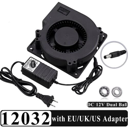 1Pcs Gdstime 120mm Turbo Fan Dual Ball 12V DC Female 5.5x2.112cm 120x120x32mm Centrifugal Cooler Fan with EU/UK/US Adapter