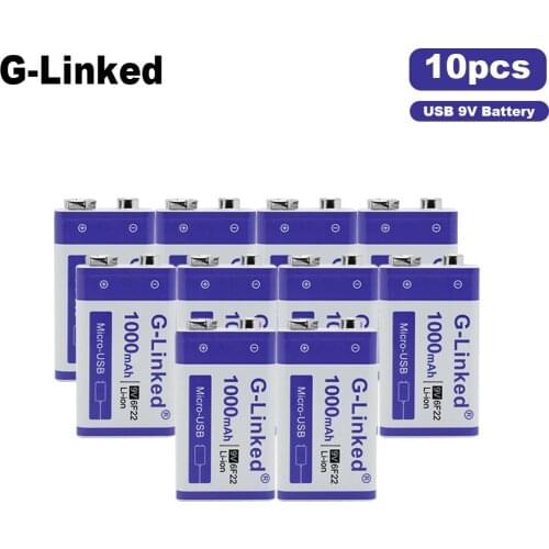 10PCS 9V 6F22 USB 1000mAh Li-Ion 9V Rechargeable Battery for Smoke Alarm Wireless Microphone Guitar EQ Intercom Multimeter