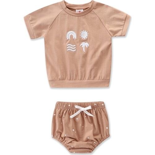 2021 New Summer 6M-4T Baby Girl Boy 2Pcs Set Sun Palm Tree Rainbow Wave Embroidery Short Sleeve Top+Drawstring Dot Shorts