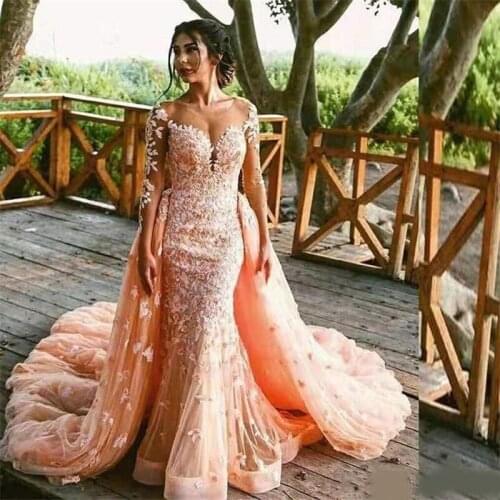 Arabic Sheer Long Sleeves Mermaid Prom Dresses With Detachable Train Lace Sheer O Neck Formal Celebrity Evening Gowns Overskirts