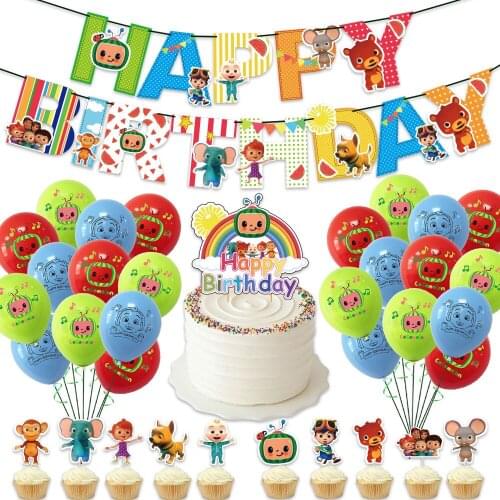 Cocomellon Theme Paper Flag Banner Latex Balloon Cake Topper Set Animation Decoration For Childrens Birthday Party