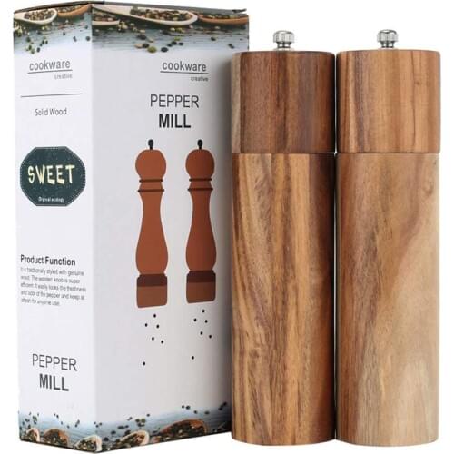 Wooden Salt and Pepper Grinder Set, Manual, Acacia Wood, 8" - Elegant Salt Grinder and Pepper Grinder Mill