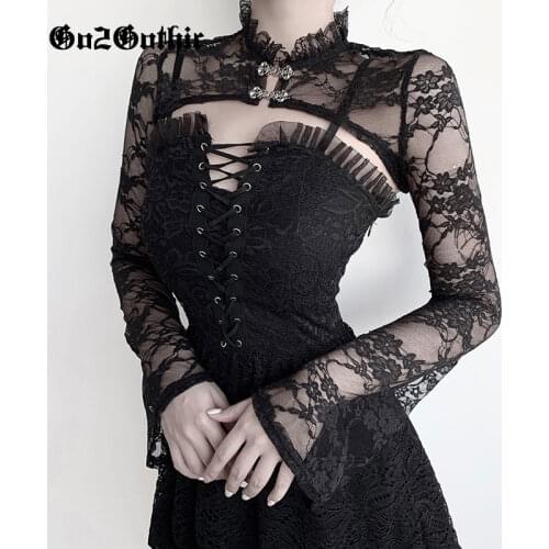 Gothic Dark Punk Black Lace Crop T Shirt Women Sexy Perspective Vintage Flower Embroidery Long Sleeve Crop Top Bodycon Cropped