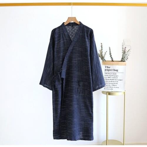 Spring And Summer New Style Japanese Kimono Mens Bathrobe 100%Cotton Striped Nightgown Plus Size Yukata Home Sweat Steaming Set