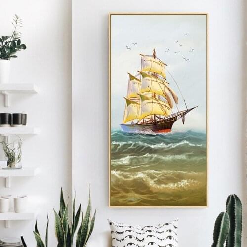 Golden Sailing Ship At Sea Sailboat Wave Oil Painting on Canvas Posters and Prints Cuadros Wall Art Pictures For Living Room