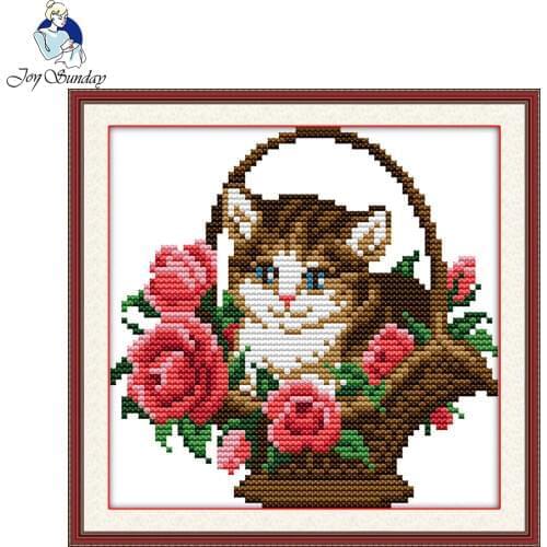 Joy Sunday Flower basket with cat Counted Printed on canvas 11CT 14CT Cross Stitch kit needlework Sets DIY embroidery