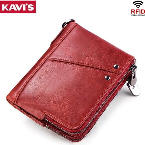 KAVIS Rfid Genuine Leather Women Wallet Female Red Coin Purse Small Walet Portomonee Vallet and Money Bag Lady Mini Card Holder