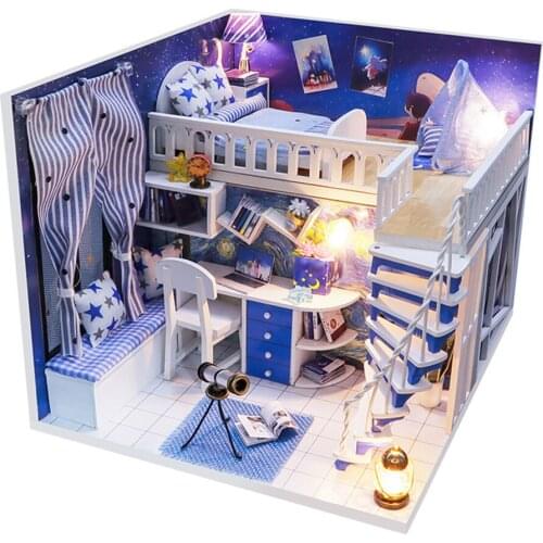 DIY Creative Dollhouse with Realistic Furniture Kit w/ LED Light Battery Case Wooden Crafts Themed Cottage Doll House Toys Gift