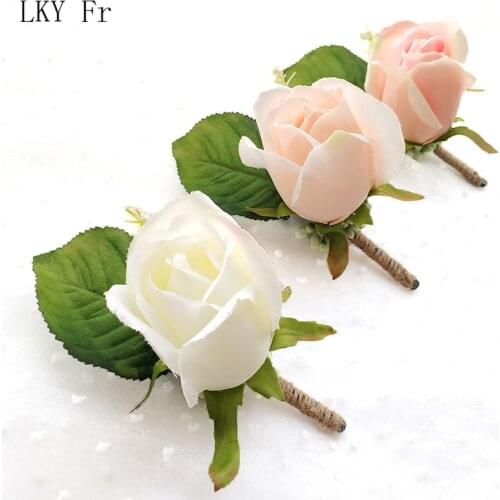 LKY Fr Boutonniere Corsage Groom Boutonniere Buttonhole Pin Cuff Bracelet Bridesmaid Wedding Silk Wrist Corsage Bracelet Flowers