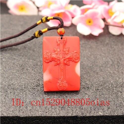 Natural Red White Hetian Jade Stone Cross Pendant Necklace Chinese Jadeite Jewelry Charm Carved Jesus Amulet Gifts for Women Men