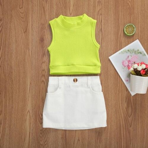 Toddler Baby Girls Fashion Clothes Sets Light Green Tops+Mini A-Line Skirts Solid Sleeveless Pullover Clothes 1-6Y