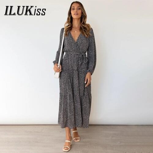 Fall Long Sleeve Maxi Dress Women Floral Print V Neck Lace Up Black Loose Dresses Elegant Vestidos Spring Autumn Lady Clothing