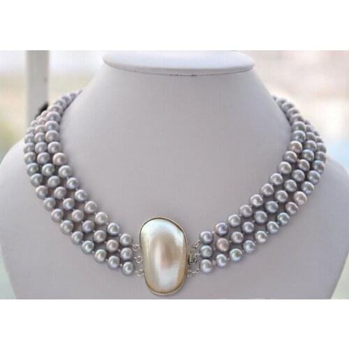 Z5581 BEATUFIUL 3row 17-19" 7-8mm GRAY ROUND FRESHWATER PEARL NECKLACE AAA