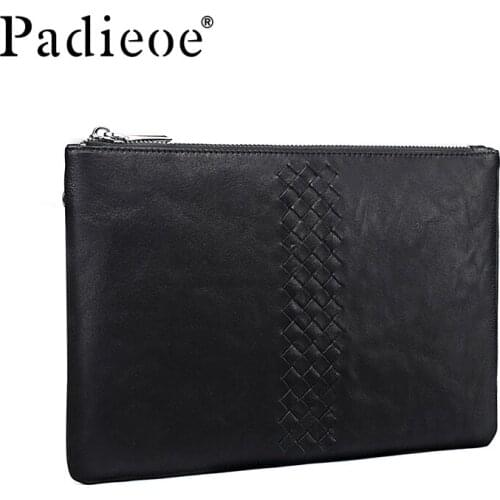Padieoe Genuine Leather Mens Clutch Famous Brand Designer Male Bag Large Capacity Wrist Purse High Quality Handbag Male Black