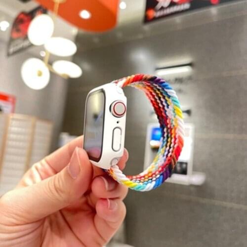 Braided Solo Loop + PC Case For Apple Watch Band 44mm 40mm 38mm 42mm Nylon Elastic Protector iWatch Series 6 5 4 3 2 1 SE strap