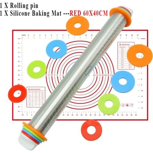 Adjustable Stainless Steel Rolling Pins 4 Removable Thickness Rings Pastry Mat for Dough Pizza Pastry Pie Cookies Bakeware Tool