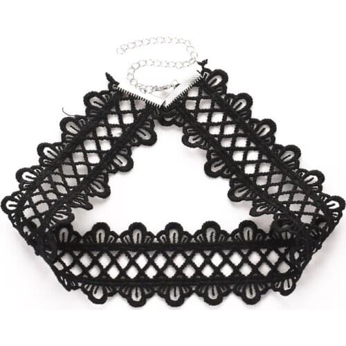 Retro Lace Black Wide Hollow Cloth Short Silver Plated Alloy Chain Women Necklace Clavicle Chain