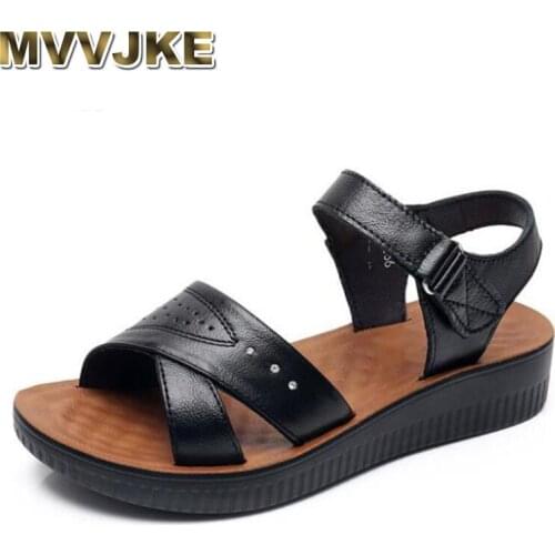 MVVJK Soft cowhide leather sandals for women2020 summer fashion casual sandals comfort non-slip flat sandals for middle aged