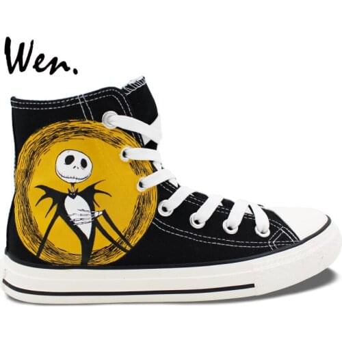 Wen Hand Painted Black Canvas Shoes Design Custom Nightmare Before Christmas Men Womens High Top Canvas Sneakers