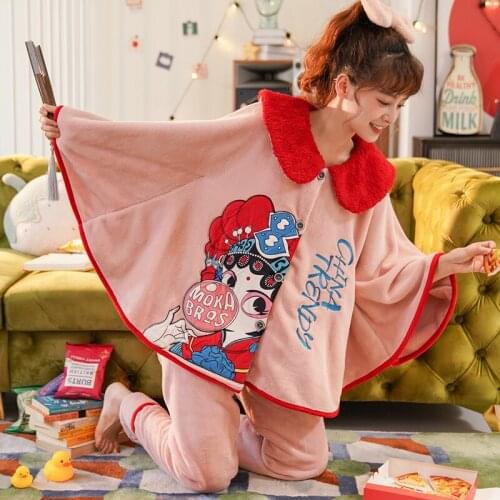National Tide Chinese Wind Winter Pyjamas Flannel Women Sleepwear Coral Fleece Nightgown Doll Collar Loose Version Batwing