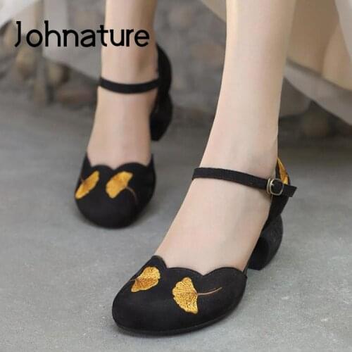 Johnature Genuine Leather Pumps Women Shoes Buckle Strap Embroidery Retro Ginkgo High Heels Handmade Concise Ladies Shoes