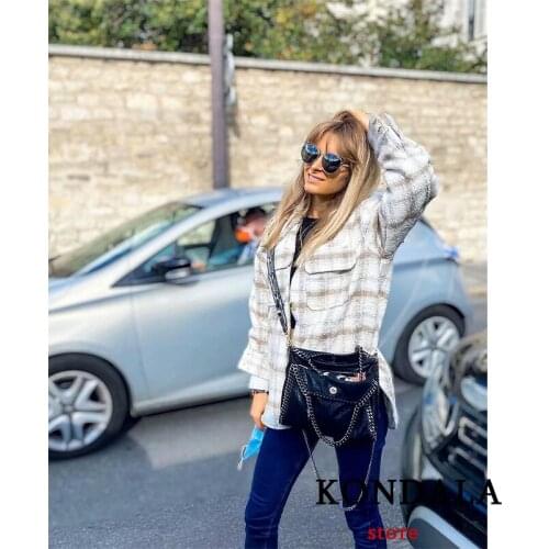 KONDALA Women Blazer Za 2021 Office Lady Blue Plaid Singe Button Jacket female Long Sleeve Casual Blazer Vintage Tops Mujer