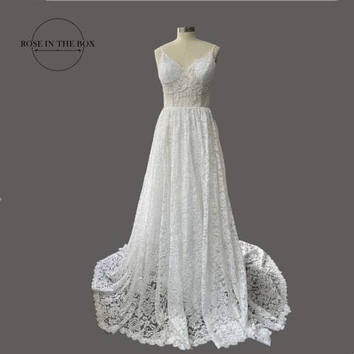 Sexy V Neck Bohemian Lace Beach Wedding Dress 2020 Vestido de Noiva Romantic Spaghetti Straps Boho Wedding Bridal Gowns