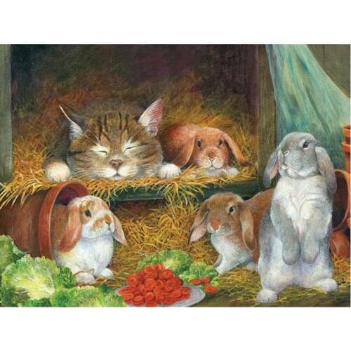 5D DIY Full Square Round Drill Rabbits and Cat diamond painting cross stitch mosaic embroidery animal home decoration AA2078