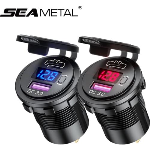 12V-24V Car Cigarette Lighter Adapter Socket USB/PD QC3.0 Car Charger LED Voltage Display Type-C Socket Switch Waterproof Lid