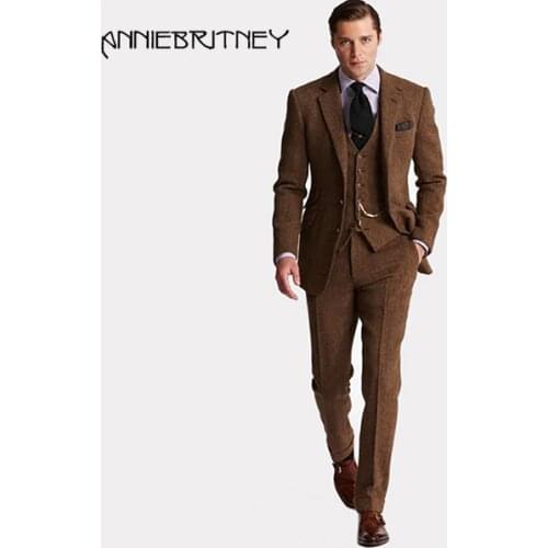 Brand Winter Brown Tweed Vintage Mens Suits for Wedding 3 Pieces Mens Classic Suit Blazer Jacket Tailored Slim Fit Groom Tuxedo