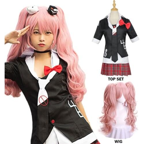 Cosplay Costume Anime Danganronpa Cosplay Costume Enoshima Junko Uniform Cafe Work Clothes Short Skirt Double Tail Braid Wig