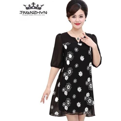 Summer Short-sleeved Mother Clothes Women Dress casual Plus size Chiffon Print Dress Fashion Short Women Clothing Dress A142