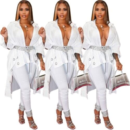 2021 Summer Trendy Girls Asymmetrical Shirt Front Short Back Long Holes V- Neck Solid Tops Women Fashion Show Party Street Wear