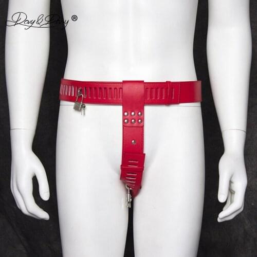 DAVYDAISY Men Chastity Belt Lock Latex Panties PU Leather Gay Fetish Thongs Sexy Lingerie Exotic Briefs Male Underwear UN532