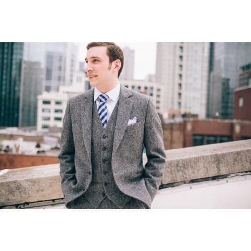 2018 Latest Coat Pant Designs Grey Tweed Men Suit Slim Fit 3 Piece Gentle Tuxedo Custom Blazer Groom Prom Suits Terno Masculino