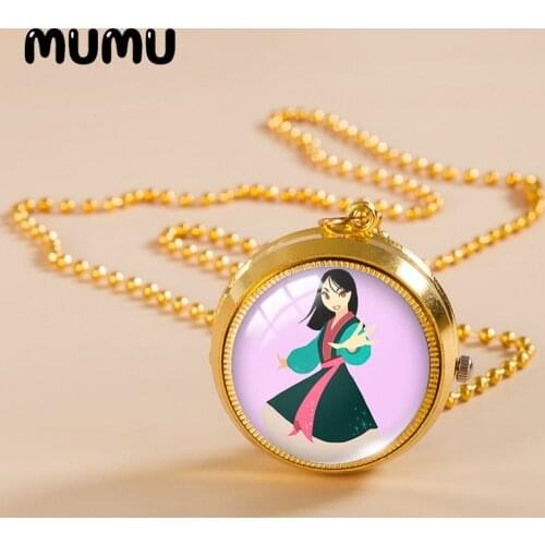 2021 New Mulan Pocket Watch Necklace Princess Gold Color Vintage Watch Glass Dome Pendant Jewelry Gifts