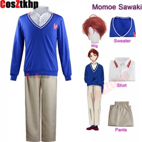 2021 New Anime Cosplay Costume WONDER EGG PRIORITY Sawaki Momoe Uniform Suit top pants wigs Campus Style Blue Knitted Top Wig