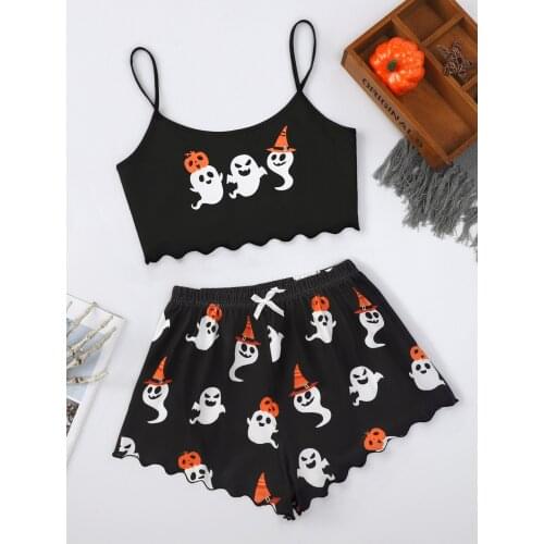 New Style Halloween Ladys Cartoon Ghost Print Camisole With Shorts Pajama Set Casual Home Wear Sleepwear Underwear Suits