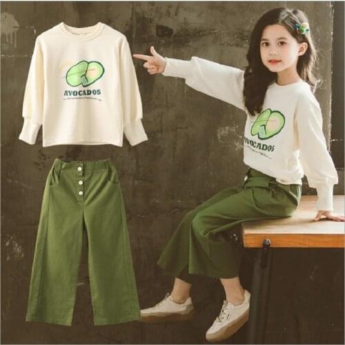 New Spring Set For Girls Children Clothes Cotton Long Sleeve T-Shirt+Cropped Wide-leg Pants 2Pcs Kids Clothes Suits For Girls