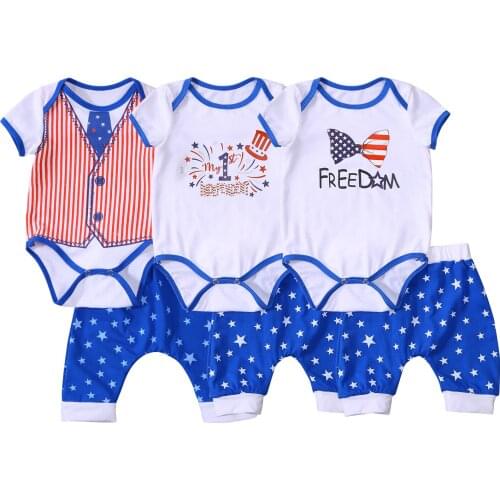 OPPERIAYA Newborn Independence Day Short Sleeve Round Neck Bodysuit Five-pointed Star Print Elastic Waist Shorts Casual Set